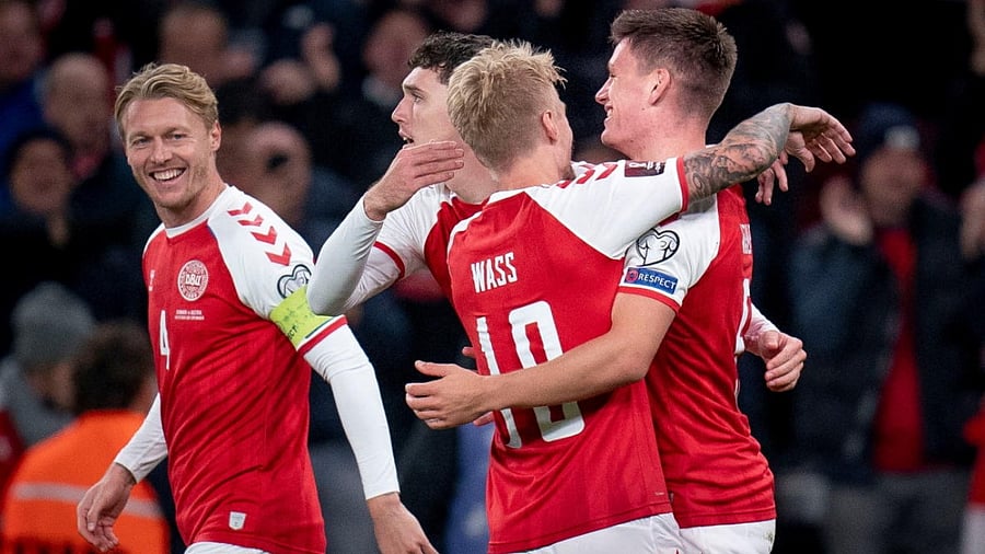 Denmarks Joakim Maehle celebrates scoring their first goal with Simon Kjaer, Andreas Christensen and Daniel Wass. Credit: Reuters Photo