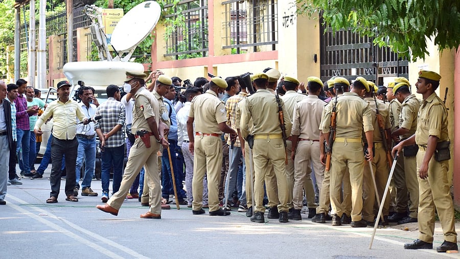 Security arrangements around the court premises in Lakhimpur Kheri in view of hearing on Ashish Mishra's police custody remand, in Lakhimpur Kheri. Credit: PTI Photo