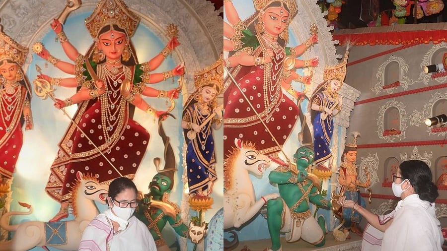 West Bengal Chief Minister Mamata Banerjee offers prayers to Goddess Durga during Durga puja festival in Kolkata. Credit: PTI Photo