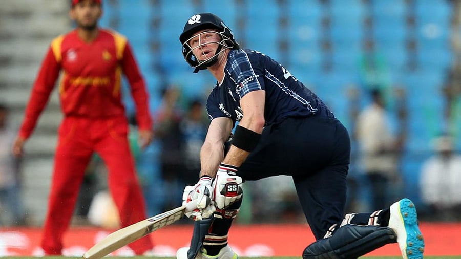 Richie Berrington watches the ball after playing a shot during the World T20 cricket tournament 2016. Credit: AFP File Photo