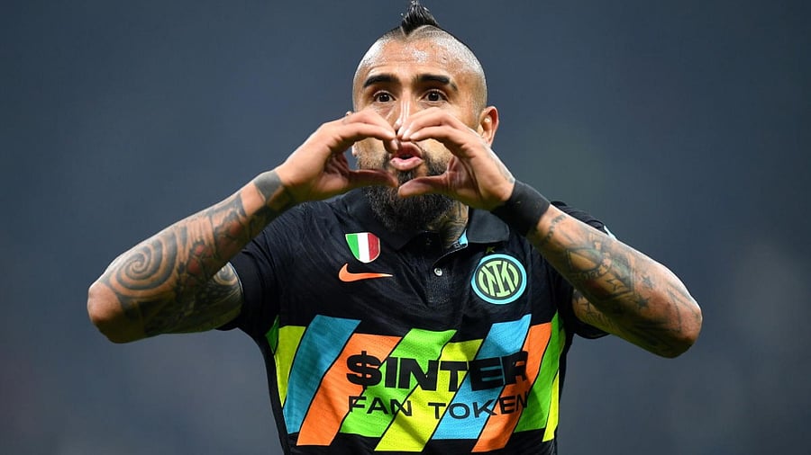  Inter Milan's Arturo Vidal celebrates scoring their second goal. Credit: Reuters Photo