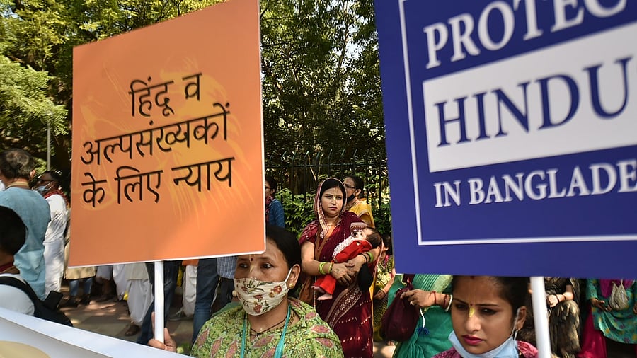  Missionaries and followers of ISKCON temple during a peaceful protest against the attacks on Hindu minorities in Bangladesh. Credit: PTI Photo