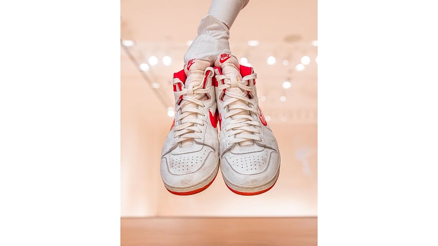 The pair of sneakers worn by Michael Jordan in the fifth game of his rookie season with the Chicago Bulls. Credit: Twitter/@Sothebys