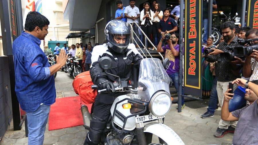 Kedarnath G M on his Royal Enfield Himalayan bike for an unprecedented 3 lakh-km global bike ride around world. Credit: DH File Photo