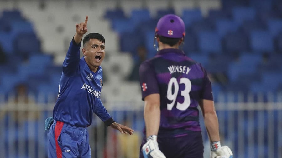 Afghanistan's Mujeeb Ur Rahman appeals successfully the dismissal of Scotland's Richie Berrington during the Cricket Twenty20 World Cup match between Afghanistan and Scotland in Sharjah, UAE. Credit: AP Photo