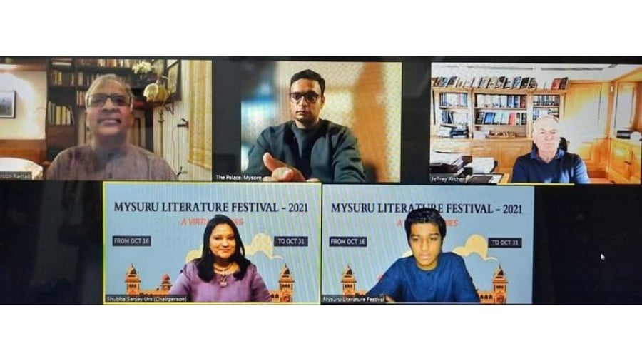 Author and former politician Jeffrey Archer in conversation with entrepreneur and author Aroon Raman, scion of the erstwhile royal family Yaduveer Krishnadatta Chamaraja Wadiyar, at the online Mysuru Literature Festival, on Wednesday.