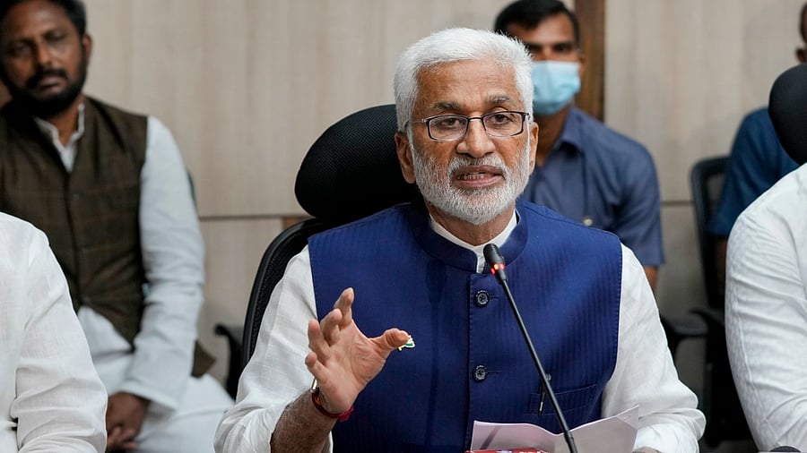 YSR Congress Rajya Sabha leader V Vijayasai Reddy at a press conference. Credit: PTI Photo