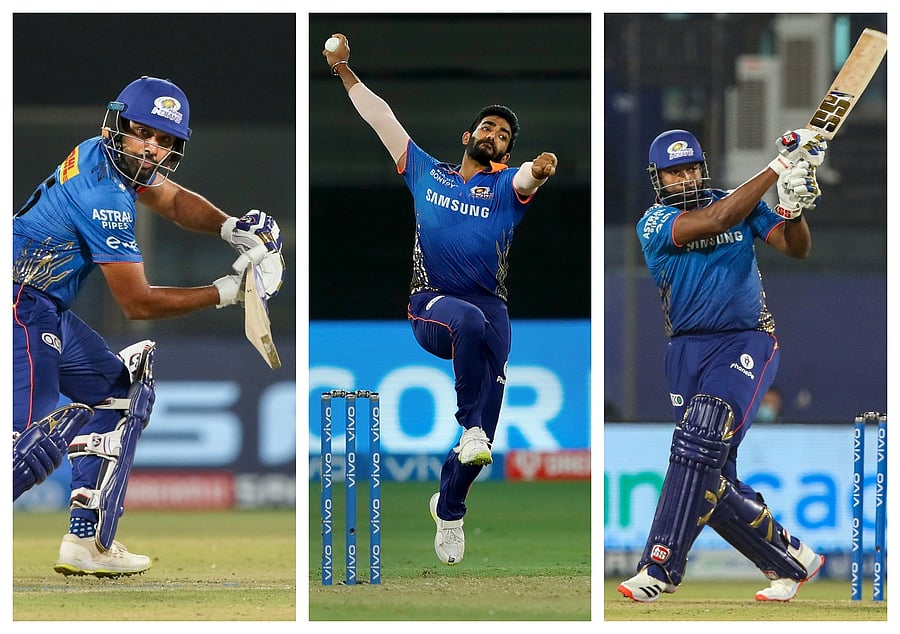 Mumbai Indians' Rohit Sharma, Jasprit Bumrah and Pollard. Credit: PTI, AFP Photos