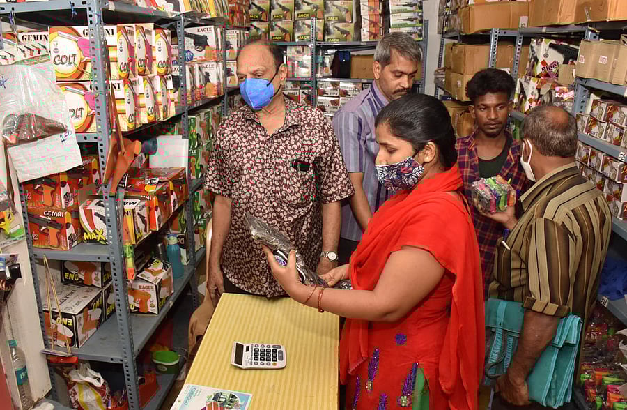 Sree Jyothi Stores in Mamulpet, is yet to see a steady stream of customers. They hope sales will pick up closer to Deepavali celebrated between November 3 and 5. DH Photos by B K Janardhan