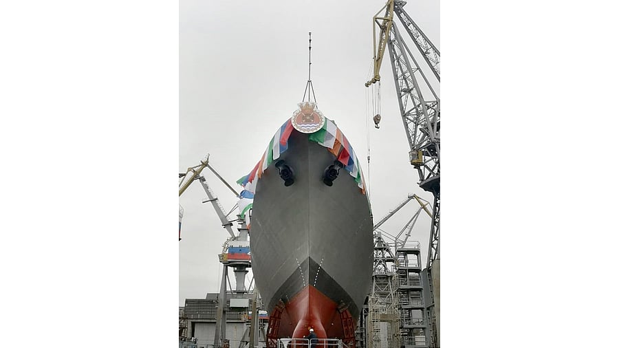 The 7th Indian Navy Frigate of P1135.6 class launched in the presence of Ambassador of India (Moscow) D Bala Venkatesh Varma and other senior dignitaries at Yantar Shipyard, Kaliningrad. Credit: PTI Photo