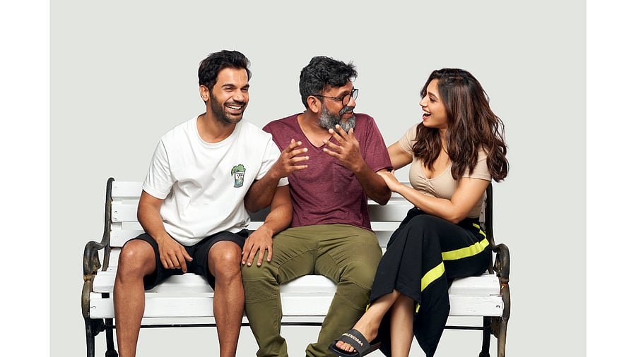 Rajkummar Rao, Bhumi Pednekar with director Harshvardhan Kulkarni. Credit: Twitter/ @bhumipednekar