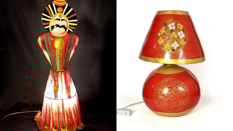 Bed lamps made from recycled paper and cloth by the Paper Seed Co., a social enterprise based in Pakshikere. Credit: DH Photo