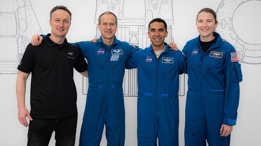 SpaceX Crew-3 astronauts (L-R) Matthias Maurer, Thomas Marshburn, Raja Chari and Kayla Barron pose for a portrait during preflight training at SpaceX headquarters in Hawthorne. Credit: AFP Photo/SpaceX/Handout