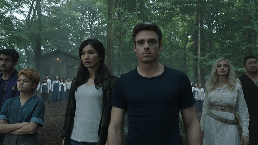 (L-R): Kingo (Kumail Nanjiani), Sprite (Lia McHugh), Sersi (Gemma Chan), Ikaris (Richard Madden), Thena (Angelina Jolie), Gilgamesh (Don Lee) in Eternals. Credit: thewaltdisneystudios