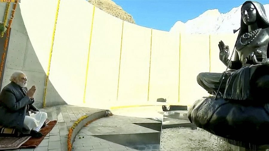 PM Narendra Modi after inaugurating 12-feet statue of Guru Shankaracharya during his visit to Kedarnath . Credit: PTI Photo.