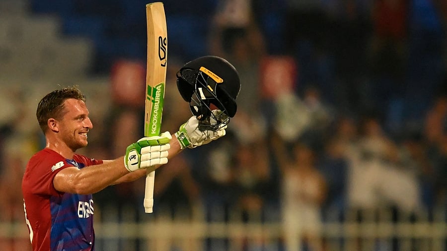 England's Jos Buttler after scoring a century against Sri Lanka in the ICC Men's T20 World Cup. Credit. AFP Photo
