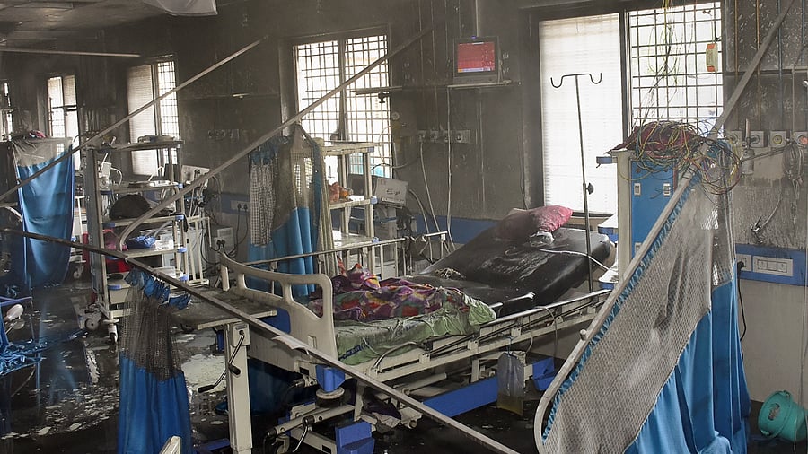 Charred remains at the ICU of Civil Hospital after a fire broke out, in Ahmednagar. Credit: PTI Photo