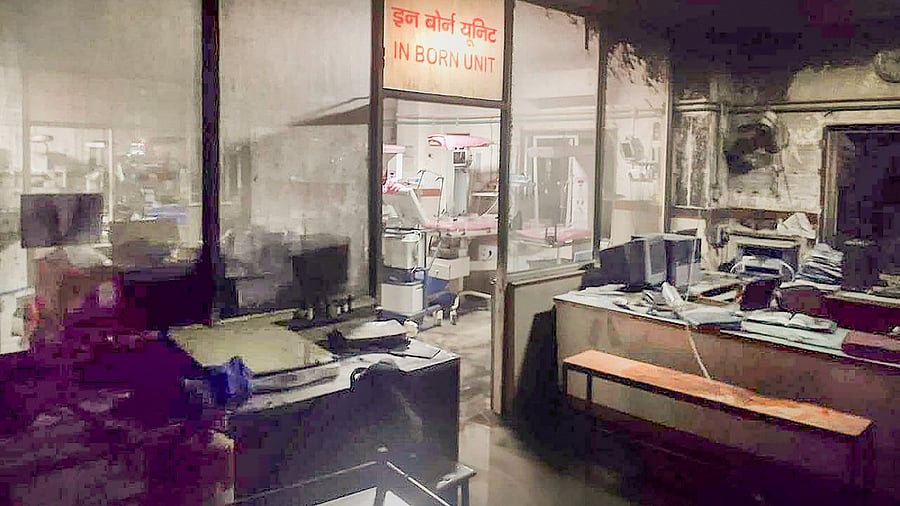 Charred equipment and furniture after a fire broke out in the Paediatric Intensive Care Unit at Government Kamal Nehru Hospital, in Bhopal, Tuesday. Credit: PTI Photo