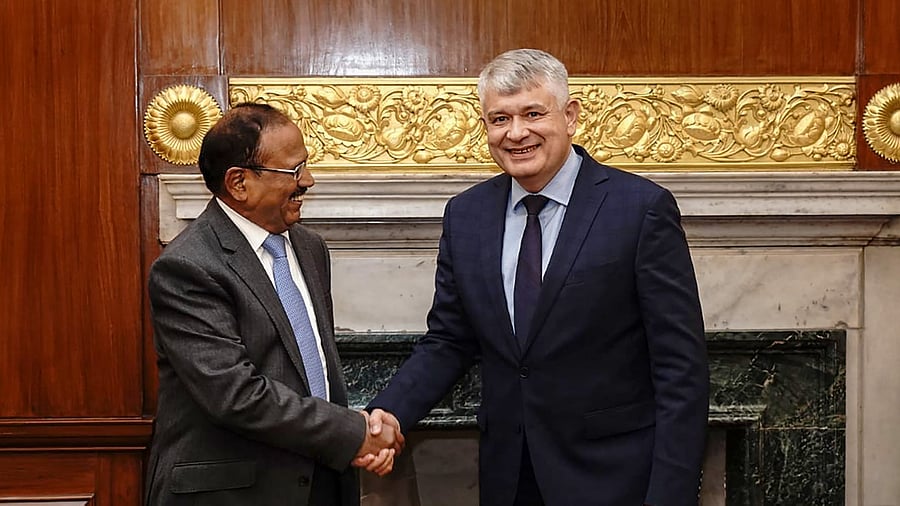 NSA Ajit Doval with his Uzbekistan counterpart Victor Makhmudov during their meeting, in New Delhi. Credit: PTI File Photo
