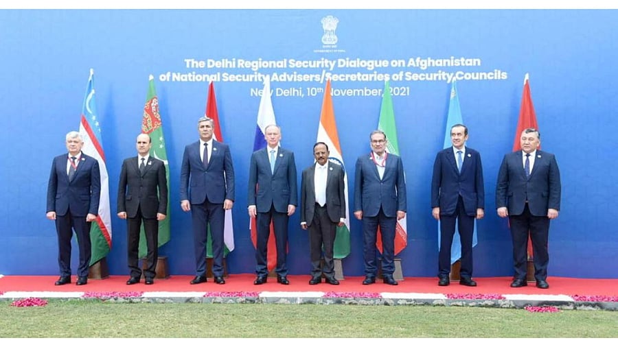Uzbekistan's Victor Makhmudov, Turkmenistan's Charymyrat Amanov, Tajikistan's Nasrullo Rahmatjon Mahmudzoda, Russia's Nikolai Patrushev, India's Ajit Doval, Iran's Ali Shamkhani, Kazakhstan's Karim Massimov, Kyrgyzstan's Marat Imankulov pose before attending the "Delhi Regional Security Dialogue on Afghanistan". Credit: Reuters photo