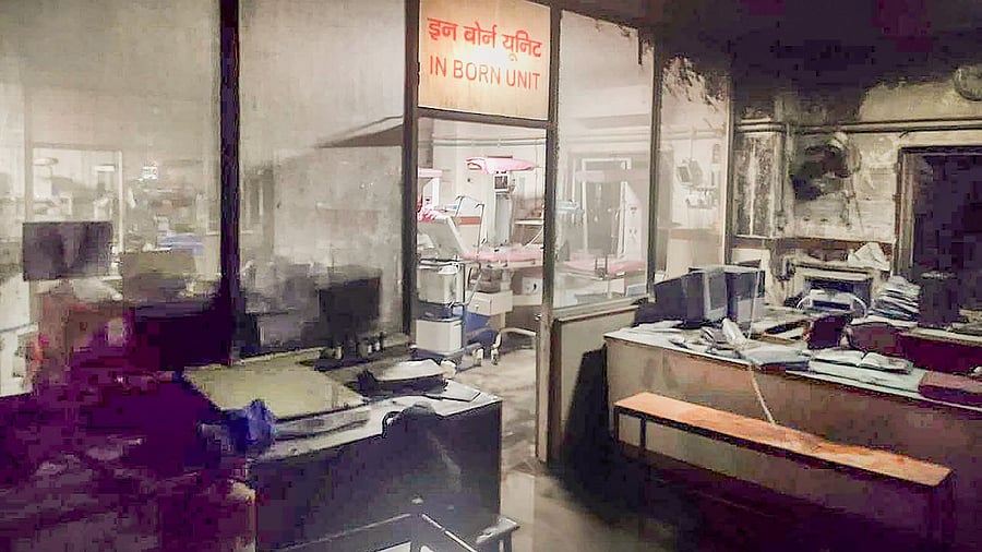 Charred equipments and furniture after a fire broke out in the Paediatric Intensive Care Unit at Government Kamal Nehru Hospital, in Bhopal, Tuesday. Credit: PTI File Photo