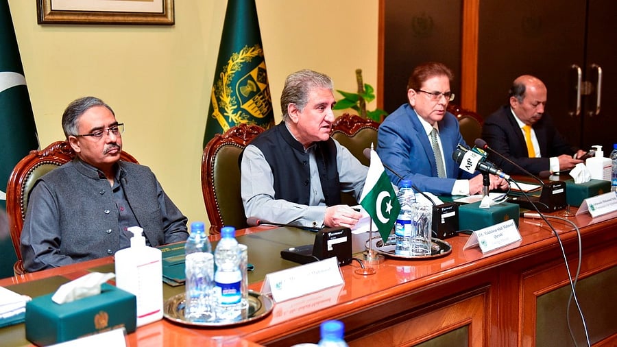 Pakistan's Foreign Minister Shah Mahmood Qureshi addresses the envoys from the United States, China and Russia during "Troika plus" group conference in Islamabad, Pakistan. Credit: Reuters Photo