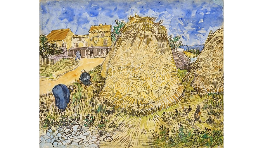 Meules de blé' by Vincent van Gogh (1853-1890) achieved $35,855,000 at auction, a World Auction Record for Van Gogh in the medium, and more than double the previous record. Credit: Twitter/@ChristiesInc