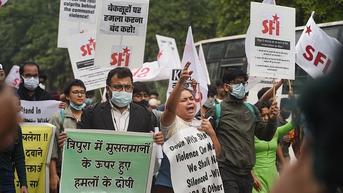 tudents' Federation of India (SFI) activists protest against alleged communal violence in Tripura, at Tripura Bhawan in New Delhi, Friday. Representative image. Credit: PTI File Photo