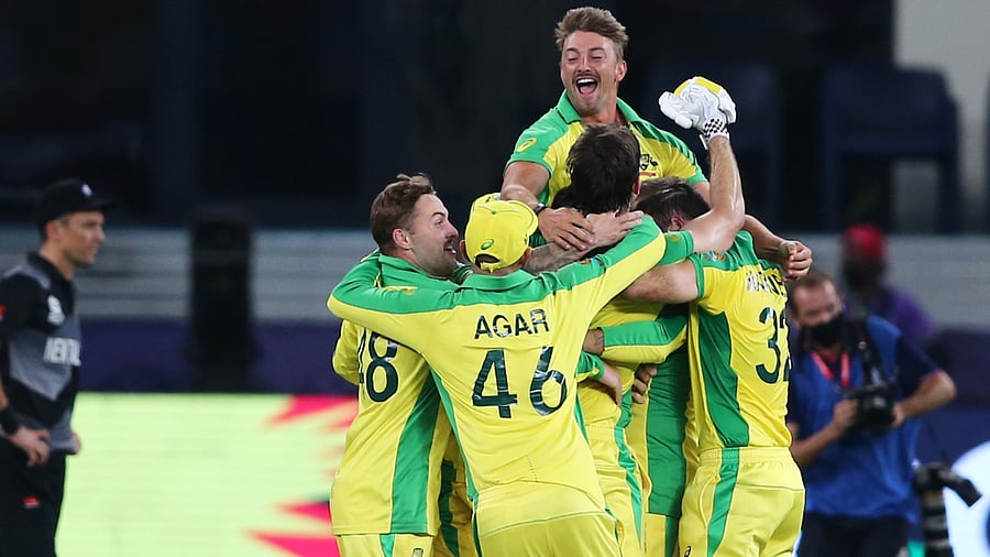 Australia celebrate winning the ICC Men's T20 World Cup. Credit: Reuters Photo
