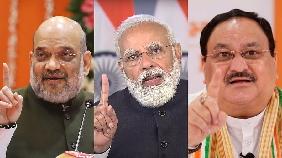 Union Home Minister Amit Shah, Prime Minister Narendra Modi, BJP chief J P Nadda. Credit: PTI Photos