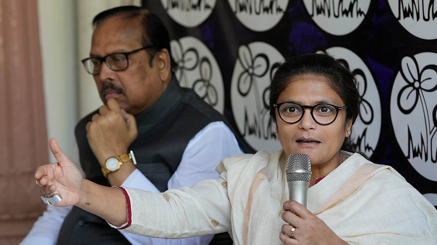 TMC's chief whip in the Rajya Sabha, Sukhendu Sekhar Ray and Sushmita Dev (MP, Rajya Sabha) address a press conference, in New Delhi. Credit: PTI Photo