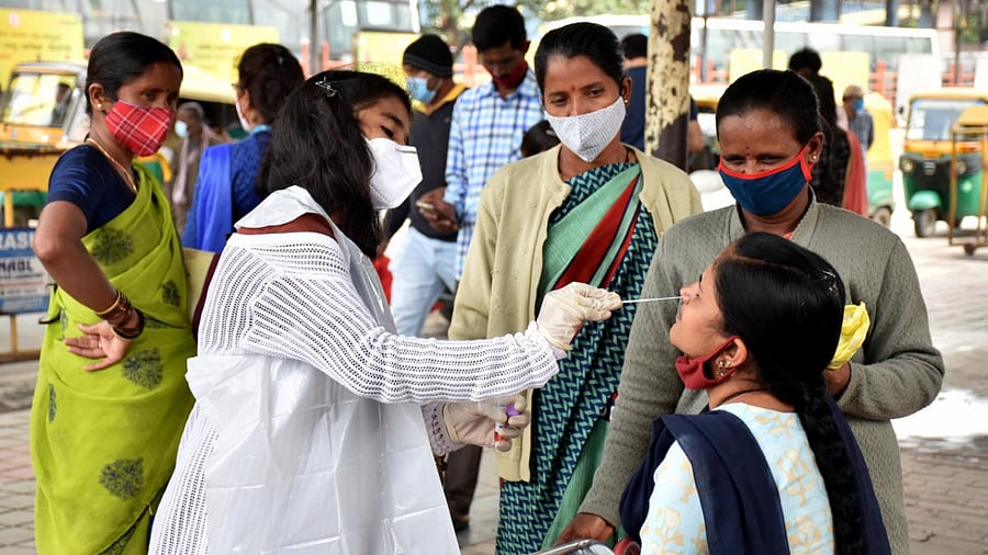 Healthcare worker conducts swab tests for Covid-19. Credit: DH Photo
