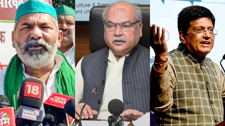 Rakesh Tikait, Narendra Singh Tomar, Piyush Goyal. Credit: PTI Photos