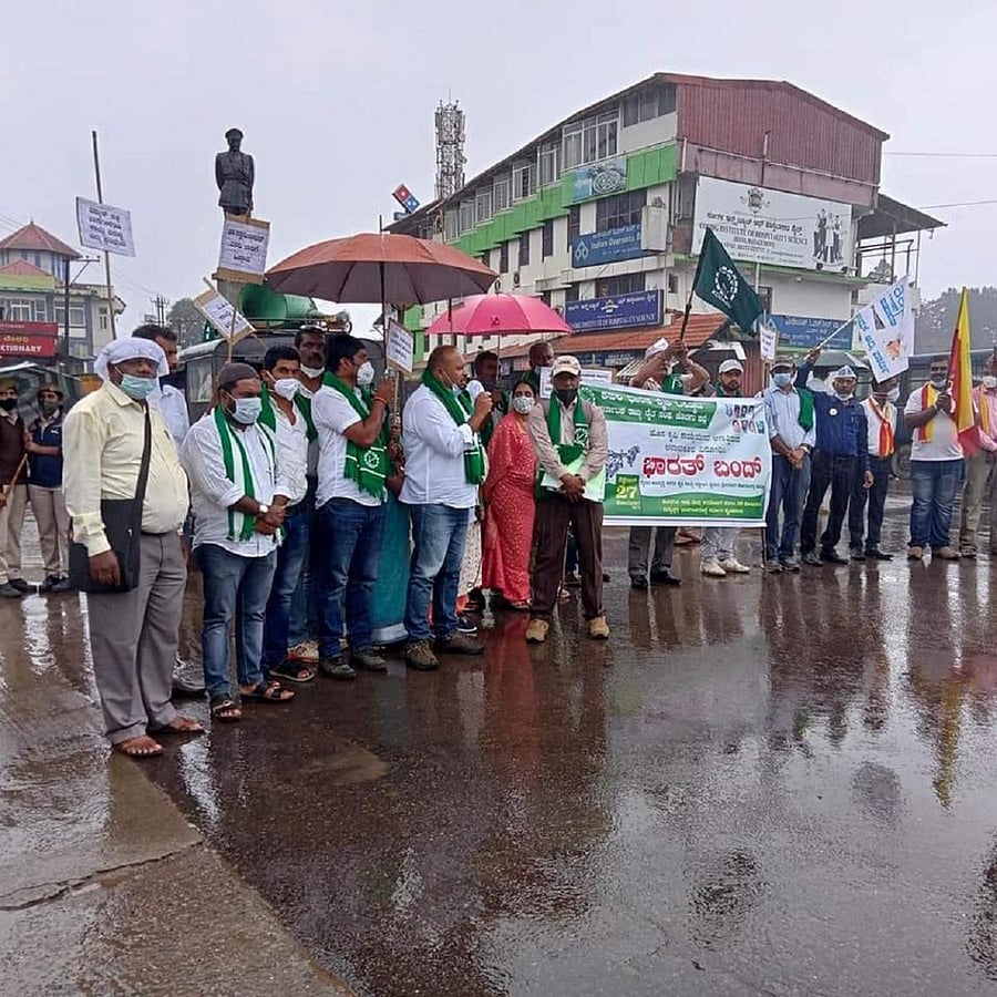 A file photo of farmers holding a protest against the farm laws in Madikeri.
