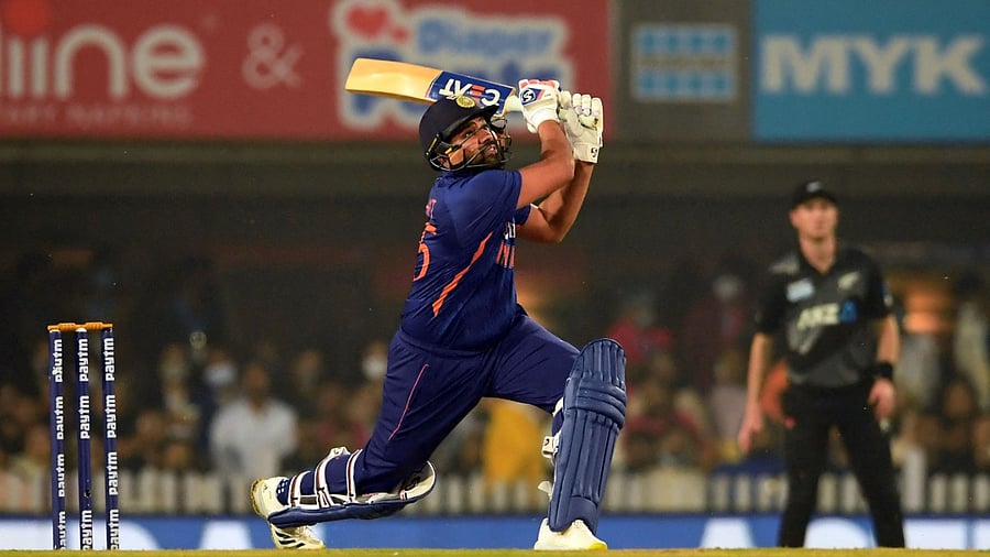 Rohit Sharma watches the ball after playing a shot during the 2nd T20 against New Zealand in Ranchi. Credit: AFP File Photo