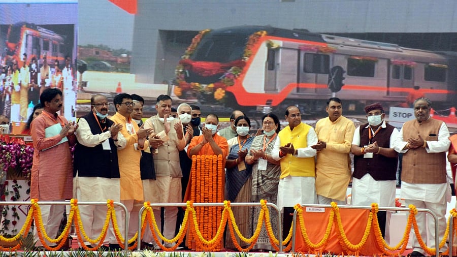 Uttar Pradesh Chief Minister Yogi Adityanath along with state ministers and legislators inaugurates the trial run of Kanpur Metro. Credit: PTI Photo