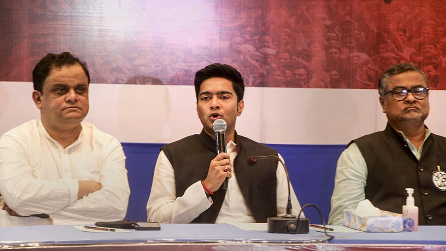 Trinamool Congress (TMC) General Secretary Abhishek Banerjee addresses a press meet in Agartala. Credit: PTI Photo