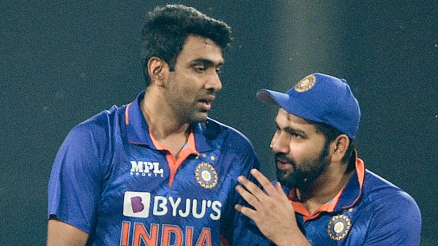 Ace spinner Ravichandran Ashwin with skipper Rohit Sharma. Credit: PTI Photo