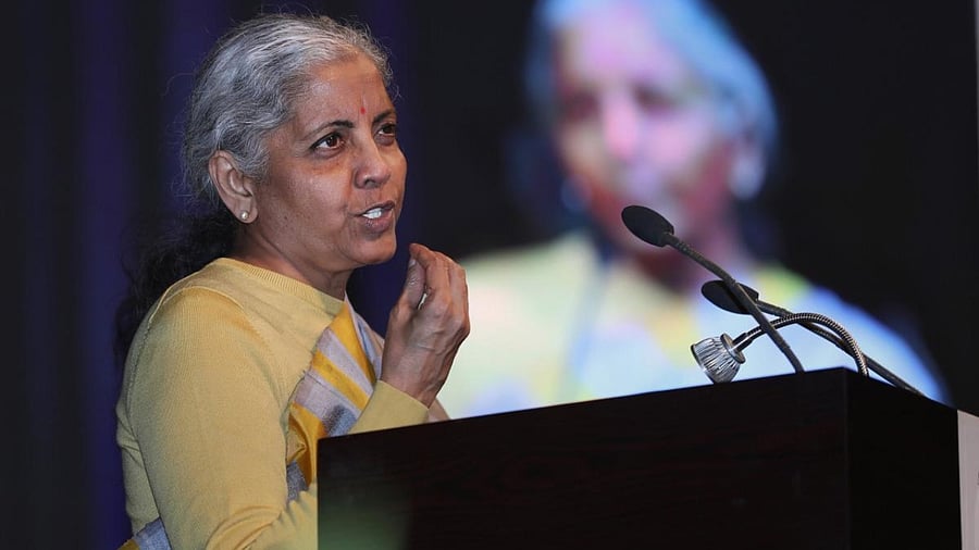 Union Finance Minister Nirmala Sitharaman addresses during an outreach programme at Zoravar Singh Auditorium in Jammu University, Tuesday. Credit: PTI Photo