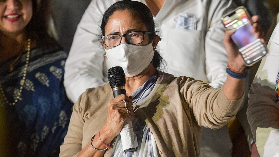  West Bengal Chief Minister Mamata Banerjee talks to media outside her residence in New Delhi. Credit: PTI Photo