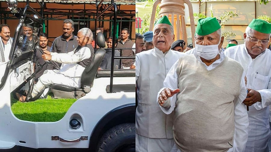 Rashtriya Janta Dal Chief Lalu Prasad Yadav arrives to install his party symbol of the lantern at the party office in Patna, Wednesday. Credit: PTI File Photo