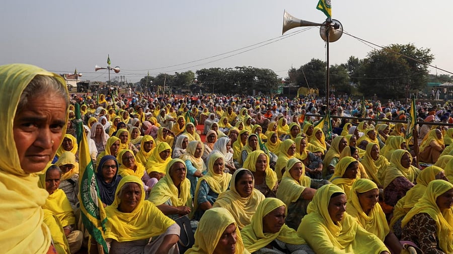 Farmers gather on the eve of the first anniversary of protests on the outskirts of Delhi at Pakora Chowk near Tikri border. Credit: Reuters photo