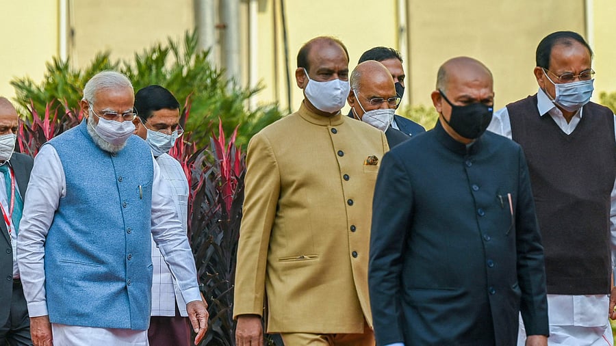 Prime Minister Narendra Modi (3L), President Ram Nath Kovind (back R), Lok Sabha Speaker Om Birla (3R), and Vice President Venkaiah Naidu (R) on Constitution Day. Credit: AFP Photo