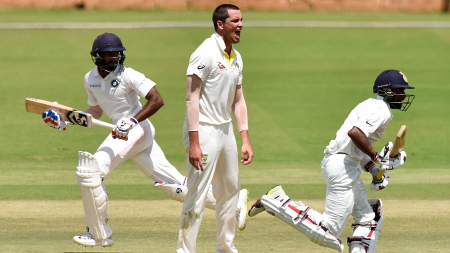 Abhimanyu Easwaran (right) and R Samarth of India ‘A’ team, in action. Credit: DH Photo