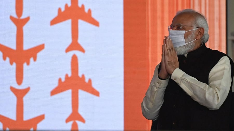 Prime Minister Narendra Modi during an event to lay the foundation stone of the Noida International Airport. Credit: AFP Photo