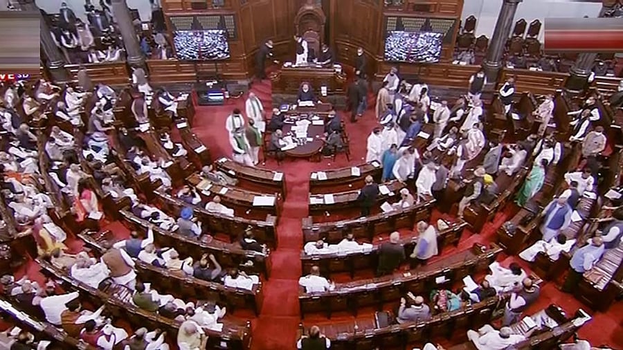  Opposition leaders stage a protest in Rajya Sabha during the Winter Session of Parliament, in New Delhi. Credit: PTI Photo