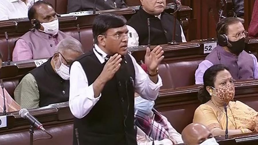 Union Health Minister Mansukh Mandaviya speaks in the Rajya Sabha during the Winter Session of Parliament. Credit: PTI Photo