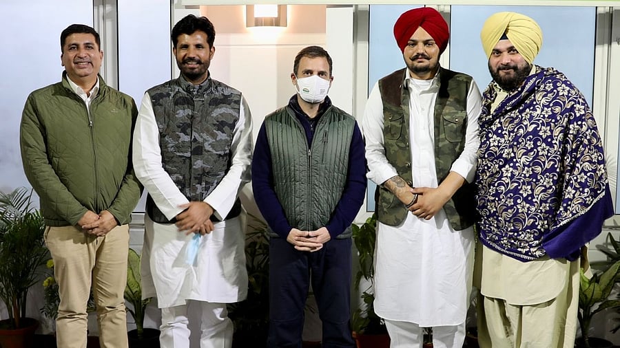 Punjabi singer SIdhu Moosewala (2nd from right) with Congress leader Rahul Gandhi (C). Credit: Twitter/sherryontopp