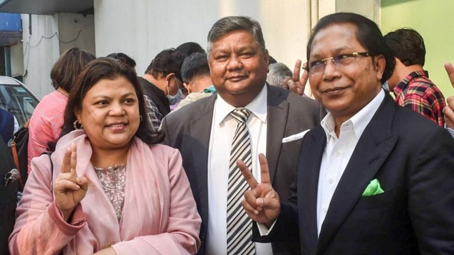 Former Meghalaya chief minister Mukul Sangma (R) with his wife and MLA Charles Pyngrope (C) after a press meet in Kolkata, Tuesday, Nov 30, 2021. Pyngrope has been appointed as Meghalaya TMC President on Monday. Credit: PTI File Photo