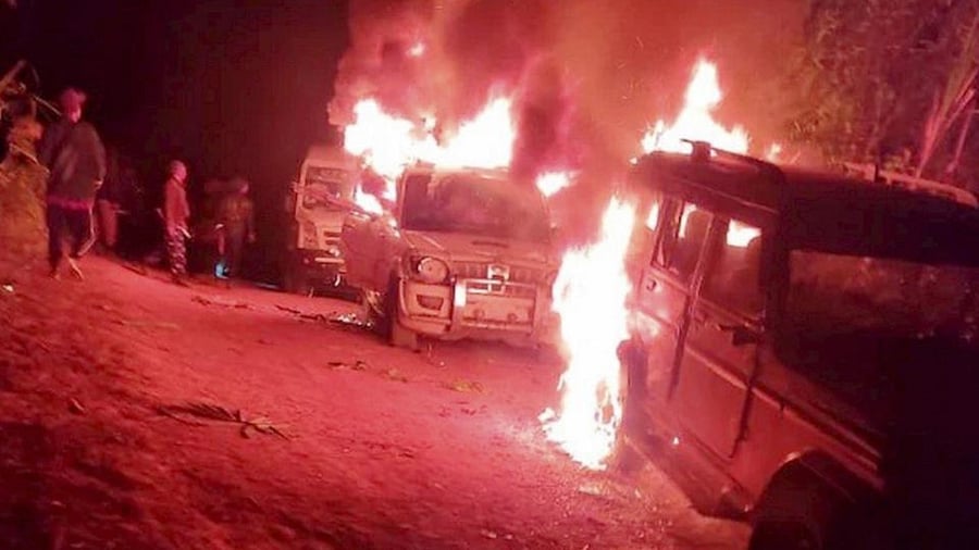 Angry villagers burn vehicles belonging to security personnel after 13 civilians were killed by the security forces from Assam Rifles in an anti-insurgency operations, at Oting village under Mon district of Nagaland, Saturday night, Dec. 4, 2021. Credit: PTI Photo